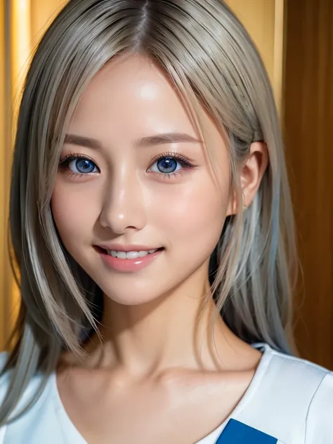 a beautiful 20yearsold young woman with long, shining platinum blonde hair that reflects the light, wearing a (Hinatazaka46 uniform:1.5), with a bright and (beautiful smile:1.25), flawless and glowing skin, large clear blue eyes, balanced eyes,(best qualit...