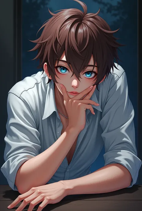 anime type boy, handsome, with piercing blue eyes and a cold, serious look, brown - reddish hair, adolescent. He wears a white shirt, while leaning on the table with one hand