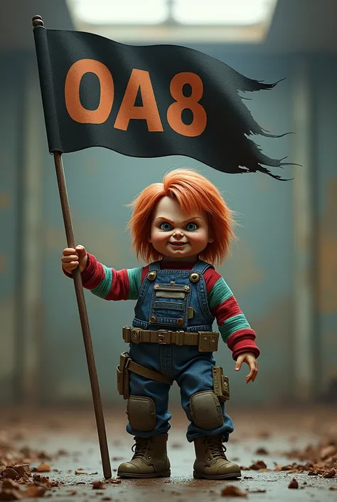 Chucky doll in combat gear waving a flag that says OA8