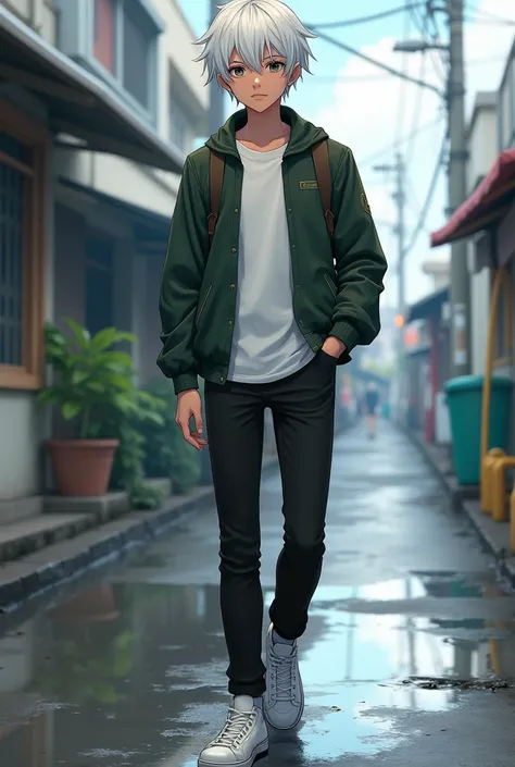 A  teenager, brown with white hair and black eyes, wearing a white shirt and dark green jacket, wearing black pants and white sneakers, modelo Tokyo revenger 