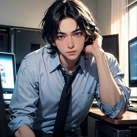 Upper body close-up image. handsome man. An intelligent impression. Wearing a shirt and tie. Black hair. Mid twenties. He is sitting in front of his computer.