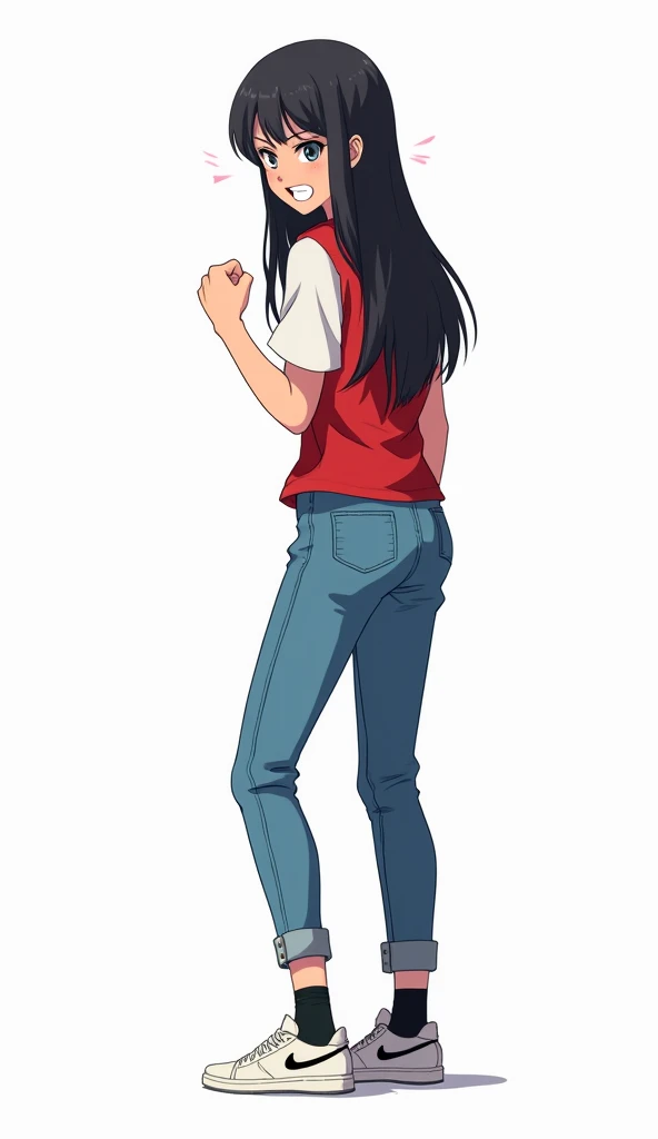 young woman, yuri.

The young woman long black hair wear a red white round neck shirt, jeans long pants, black socks, white nike sneakers, tuck the red white round neck shirt into jeans long pants.

Shes turn her back, angry face and eyes cant see the teet...