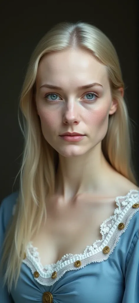 60 year old Scottish woman from the 18th century, white skin, blonde straight hair, blue eyes, sky blue dress, she has striking features, piercing gaze, thin lips and serious face.