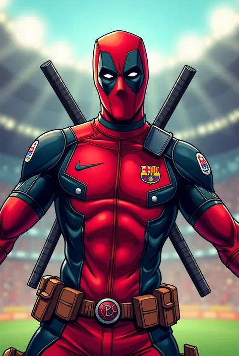 Manga style drawing of Deadpool wearing the Barcelona club jersey 