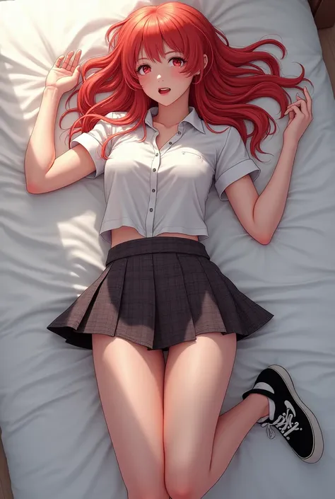 Beautiful redhead schoolgirl lying on bed with open legs wearing uniform and sneakers, white thong and garter belt, excited look
