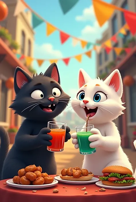 I want a funny animated image of a black cat and another white cat drinking earthquake (Chilean drink)  Eating anticucho and choripan during national holidays