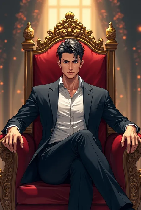 Novel cover, almost like a masterpiece of a painting, anime, webnovel, perfect man, sitting on a throne, neat attire, hair that perfect fits head shape, sharp features, handsome