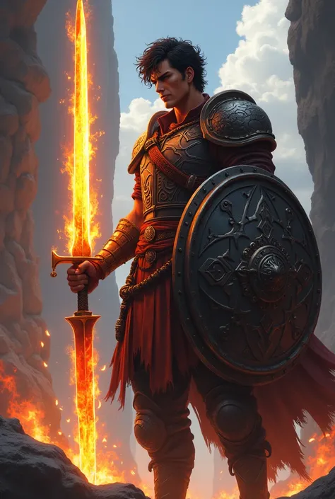 crie um warrior, man, 1,85 tall, Curly hair, short hair, black hair, black eyes, leather armor, iron details, left side shoulder pad, holding a sword, holding a shield in the other hand, flaming sword, 4K, anime, heroi, warrior, RPG, man, dark skin, curly ...