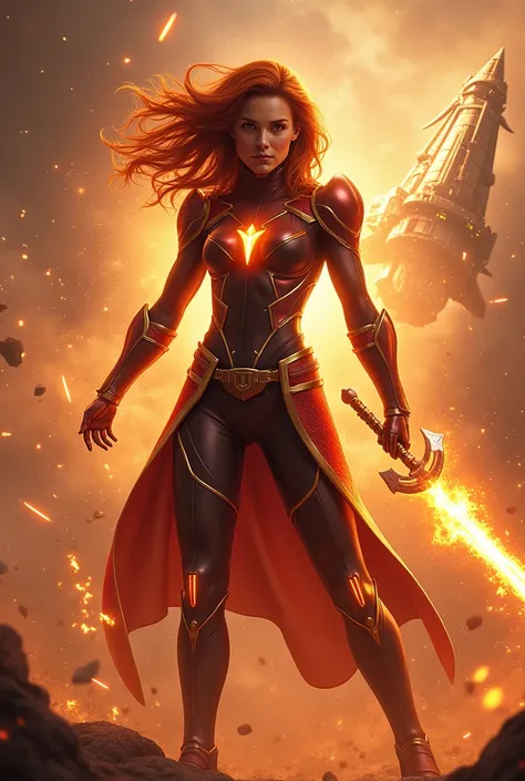 Dark Phoenix, Jean Grey from X-men, (wearing "N7" armor) from Mass Effect, brownish-red hair, throwing fire bolts, holding an omniblade shaped like a sickle, cosmic energy background, whirls of power and energy, attacking a shiar empire battleship 