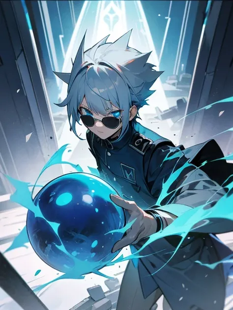 Gray Hair、Put your right arm forward、Glowing blue eyes、Student Uniform、Spiky Hair、shrine、Collapse、Blue sphere、tall、sunglasses