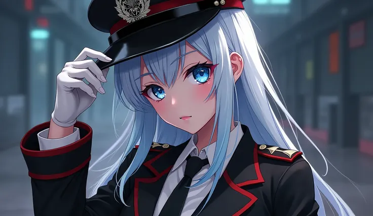 This is an image of a female anime character. A young woman with white hair with blue highlights, hairstyle in a, bright blue eyes, young man wearing black Korean military uniform with red accents A black tie, bem amarrada e adding um toque de sofisticação...