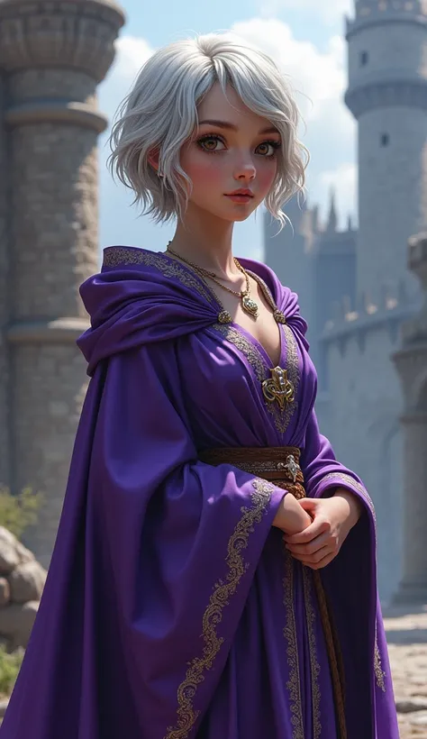 realistic, best quality, masterpiece, detailed, perfect face, fantasy, medieval, girl, young, adolescent, teenager, fair skin, silver hair, short hair, medieval hairstyle for short hair, brown eyes, sorceress, sorceress robes, purple robes, long sleeved ro...