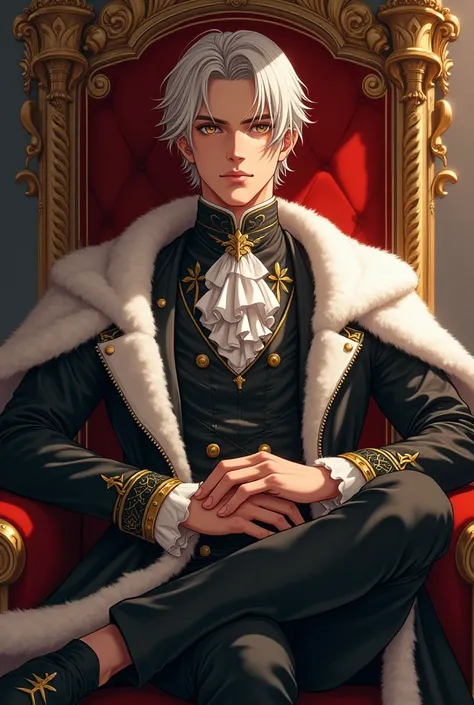 Novel cover, almost like a masterpiece of a painting, anime, webnovel, perfect man, sitting on a throne, neat attire, mediaeval clothes of a king, hair that perfect fits head shape, sharp features, handsome, mediaeval times