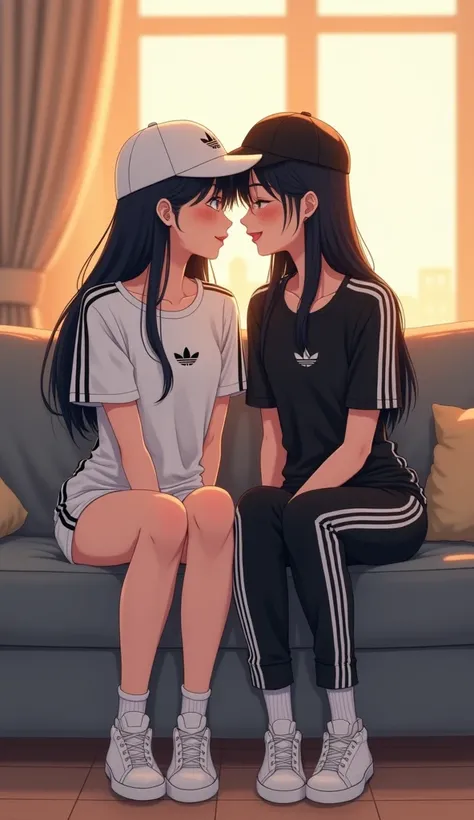 Two young womens, same tall height, yuri, lesbian.

The first young women long black hair wear a white Adidas round neck shirt Adicolor Classics Black 3 Stripes, White Adidas Pencil Skirt Black 3 Stripes, white cap, black underpants, black adidas socks, wh...