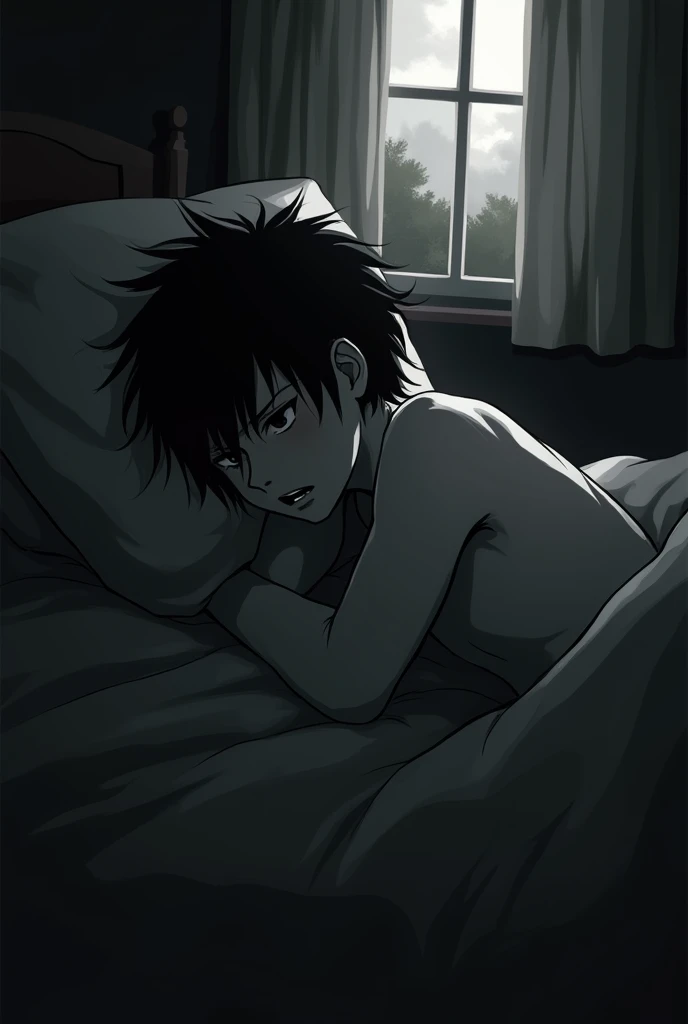 Create an image, of a teenager in a dark dawn lying in his bed, with the image coming from above the boy, full of bad thoughts. if possible make a not very realistic animation image, and subtle black and white 