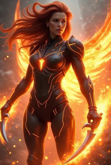 Dark Phoenix, Jean Grey from X-men, (wearing "N7" armor) from Mass Effect, brownish-red hair, throwing fire bolts, holding an omniblade shaped like a sickle, cosmic energy background, whirls of power and energy, attacking a shiar empire battleship 