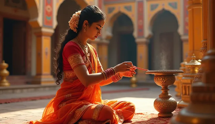 **Rajasthani woman performing the vrat**:
   - A woman dressed in a traditional Rajasthani lehenga, performing the Anant Chaturdashi puja.
   - She is shown tying the Anant Sutra on her husband’s arm or a kalash.
   - The setting is a courtyard with colorf...