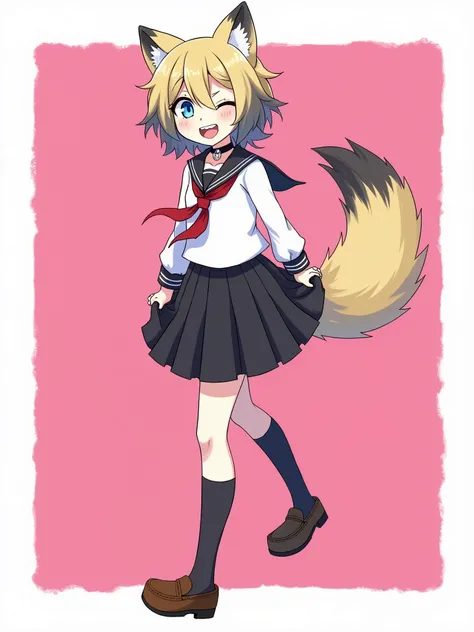 shoes, bangs, multicolored_hair, socks, 1girl, kneehighs, pink_background, collar, fang, black_skirt, skirt, wolf_girl, loafers, blue_eyes, white_hair, fangs, sailor_collar, looking_at_viewer, white_shirt, hair_over_one_eye, animal_ears, shirt, white_socks...