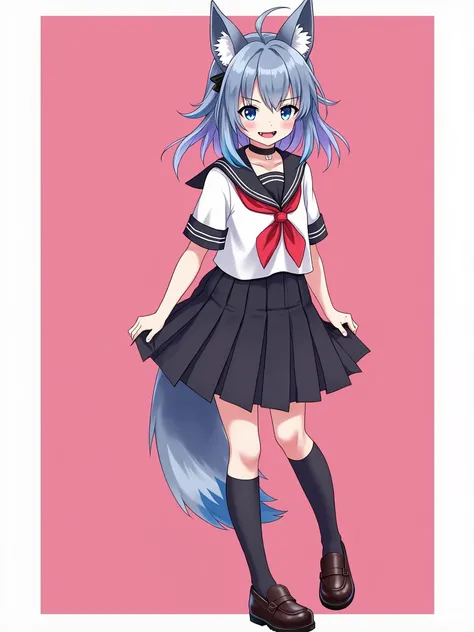 shoes, bangs, multicolored_hair, socks, 1girl, kneehighs, pink_background, collar, fang, black_skirt, skirt, wolf_girl, loafers, blue_eyes, white_hair, fangs, sailor_collar, looking_at_viewer, white_shirt, hair_over_one_eye, animal_ears, shirt, white_socks...