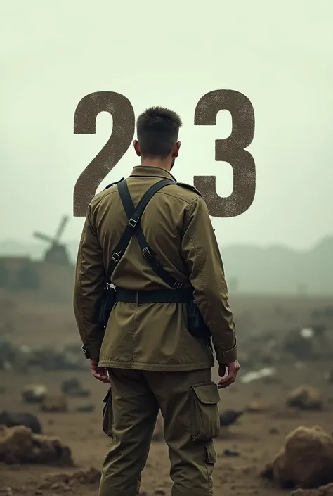 a soldier in khaki uniform seen from behind tired, with the number 233 superimposed very large with opacity on the image, who has just won the war and is looking back at everything he has won
