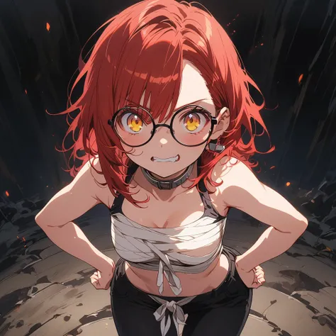 1 adult woman aged 18, Alone, looking at the observer, with a defined athletic physique, tough and intimidating with a serious expression, short red hair, yellow eyes, wearing round frame glasses, very tasty fleshy mouth, wearing bandages tied to their che...