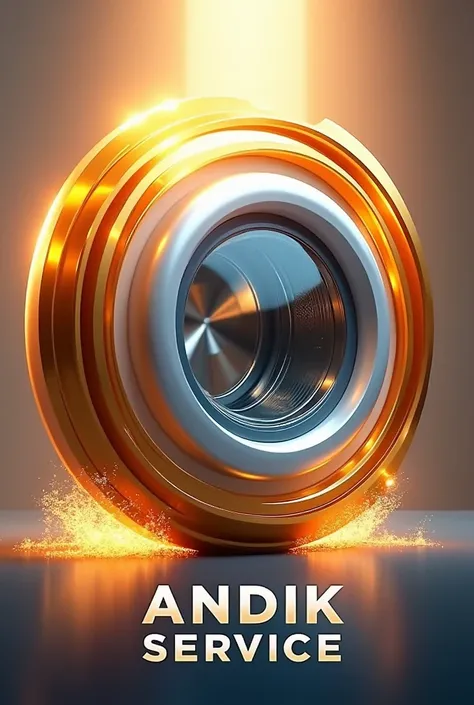 Thick silver and gold 3D circle logo of beautiful washing machine and refrigerator image. Big text "Andik Service" at the bottom, background with bright light splash, morning sun, background should be full of energy, sparkling light splash at the bottom