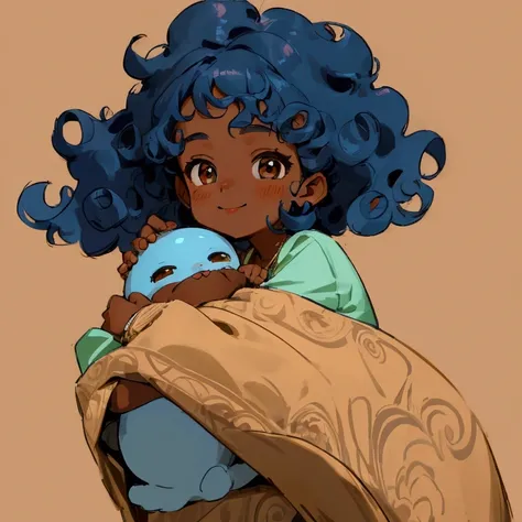 A  child, , dark brown skin, curly blue hair, brown eyes, happy