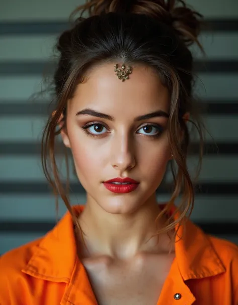 Ultra HD resolution, Artistic photos, Professional Cinematic Photography，((Mugshot of a 21 year very sexy girl arrested in prison, staring, brunette hair tied in a bun, cold ultra realistic skin, wearing a very sexy orange jumpsuit)), looking at camera, Mu...