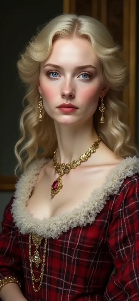 old Scottish duchess woman from the 18th century, white skin, Blonde hair, blue eyes, wine tartan dress, she has striking features, serious look, thin lips and serious face. she wears a gold necklace and earrings. 