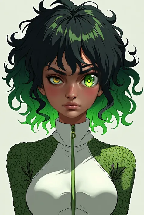 Anime portrait of young woman with dark skin, big lips, curly black hair with green, green eyes and scaly white sportswear