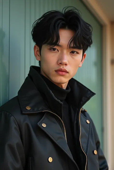 Korean Australian, 20-years old, male with soft black hair, sharp features, young, gentle, with bad boy vibe, actor, no facial hair, good fashion sense
