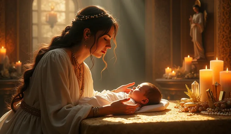 A BEAUTIFUL SLEEPING BABY BEING BLESSED BY A MYSTIC HEALING LADY WITH LUXURIOUS CLOTHES WITH THE IMAGE OF JESUS CHRIST ONLY, full of lit and aromatic candles OF VARIOUS COLORS, OBLISQUE CRYSTALS ON THE TABLE, AND MANY GOLD BARS AND PEARLS, SHOWING POWER AN...