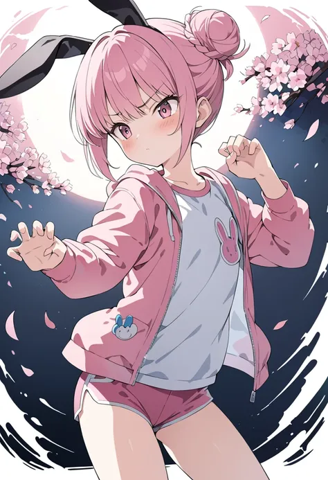 score up_9,score up_8,score up_7,source_anime,rating_safety,sfw,masterpiece,best quality,super detailed,super fine illustration,8k,watercolor style,break a girl,16 yo,rabbit ears,pink hair,bun hair,Alone,flat chest,tall,thlim,dynamic angle,break pink jacke...