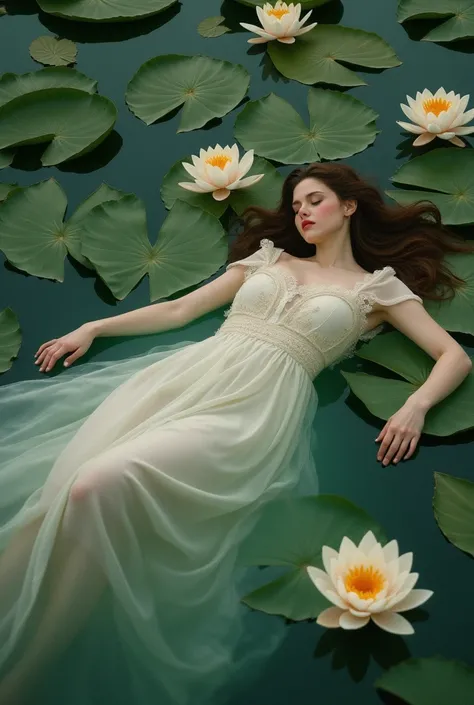 there is a woman laying in the water with lily pads, ophelia, nymph in the water, by Herbert James Gunn, inspired by John Collier, monia merlo, lying on lily pad, inspired by Paul Émile Chabas, inspired by Edward Robert Hughes, inspired by Gaston Bussière,...