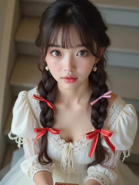 solo, earrings, dress, white_dress, 1girl, shirt, long_hair, red_ribbon, box, ribbon, selfie, twin_braids, hair_ribbon, upper_body, hairdressing, brown_eyes, frills, multiple_braids, long_sleeves, twintails, pink_ribbon, realistic, looking_at_viewer, lips,...