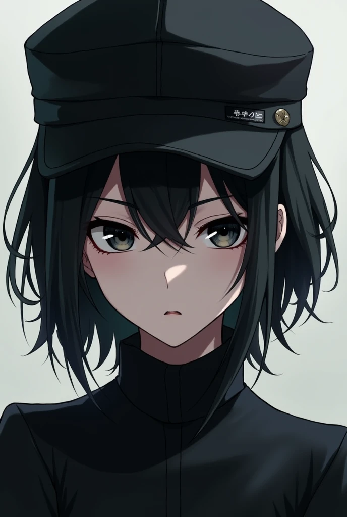 Generates a person with black hair wearing a black anime cap with eye shadow