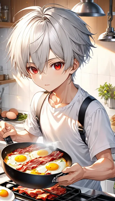 (beautiful and delicate) (cooking style), (solo:2, 16 yo) (cool delicate crew cut) (beautiful silver hair very shor hair) (cool detailed red eyes) (divine fighter boy), in a white shirt, break, (in the kitchen), Cooking bacon and eggs in a frying pan, BREA...