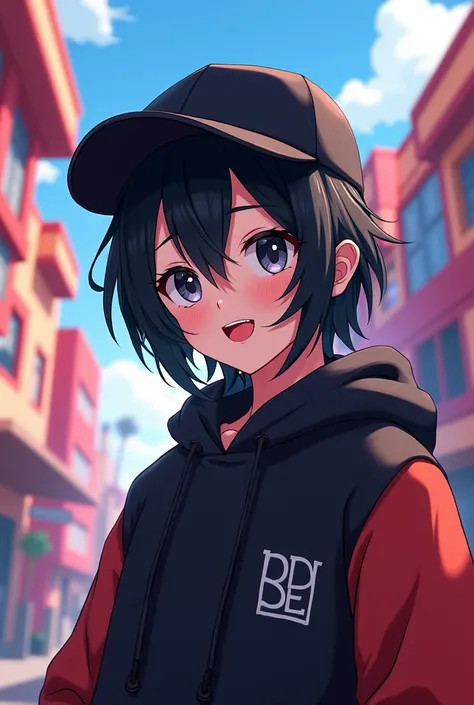 Generate a person with black hair with a black cap anime roblox