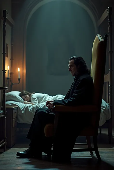 Semi-realistic image of Severus Snape portrayed by actor Alan Rickman sitting in a chair near the bed of a sleeping student in a Hogwarts room