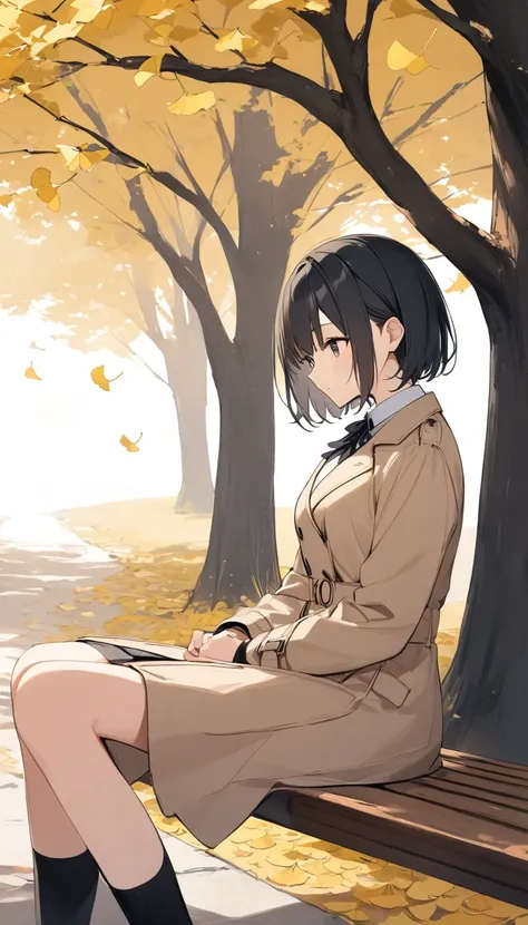 material、Thick paint、Blank face、Black Hair、Short Hair、One Girl、Beige trench coat、Sitting on a wooden bench、Ginkgo Tree Line
