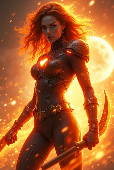 a dark phoenix, jean grey from x-men, wearing n7 armor from mass effect, thighs exposed, brownish-red hair, throwing fire bolts, holding an omniblade shaped like a sickle, cosmic energy background, whirls of power and energy, attacking a shiar empire battl...