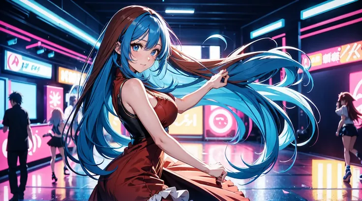 2d anime style, beautiful woman with long blue hair and reddish brown eyes, she is having fun, 80s party dress, is dancing at a party in a disco, artificial lighting, high definition, high resolution, intricate details, vivid colors