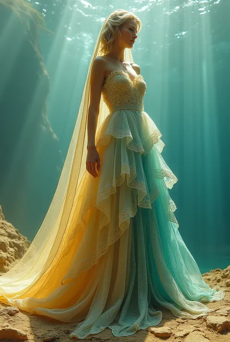 
	• “Create a dress inspired by drought and water, with layers that reflect the transition from a dry landscape to an aquatic one, and angelic details like a golden mantle inspired by a virgin.”