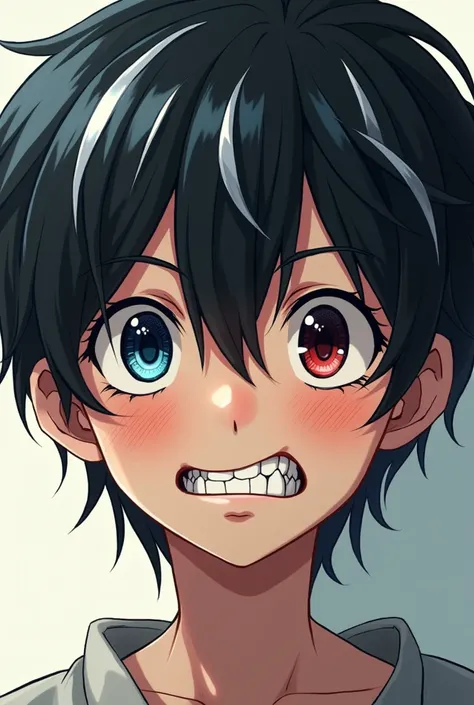 An anime version boy with black hair and white streaks, with some freckles on the face. That the right eye has a bluish color but the left eye has a black sclera and a reddish pupil., that shows a somewhat unhinged smile revealing sharp teeth.