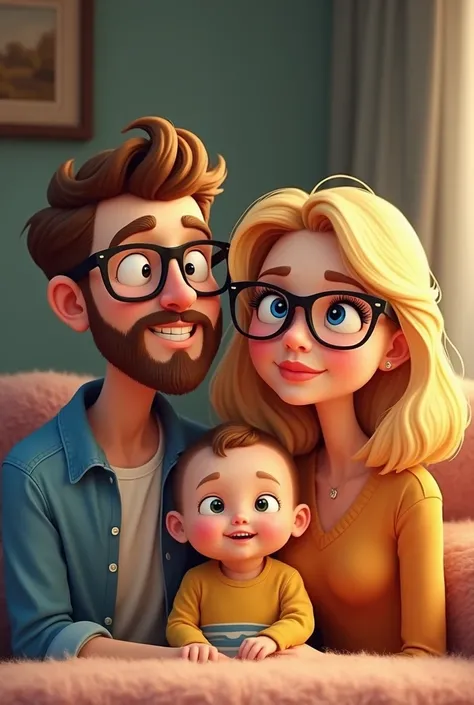 Animation of blonde woman with glasses , with a bearded teenager with glasses and a baby 