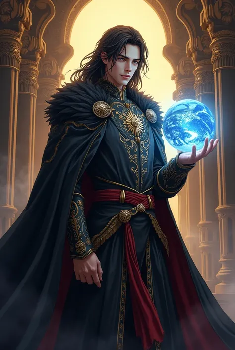 Novel cover, almost like a masterpiece of a painting, anime, webnovel, perfect man, on-top of the world, neat attire, mediaeval clothes of a king, long dark hair that perfect fits head shape, sharp features, handsome, mediaeval times, world in his right ha...