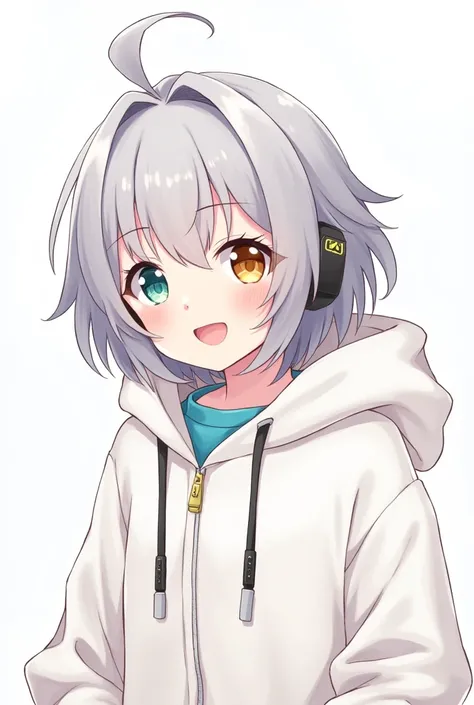 One girl, High resolution, Ahoge, Medium Hair, Shortcuts, Medium Hair, Silver Hair, smile, accessories, Anime Style, Earphones, Bright Eyes, Baggy white jacket,Background white,Odd Eye,2