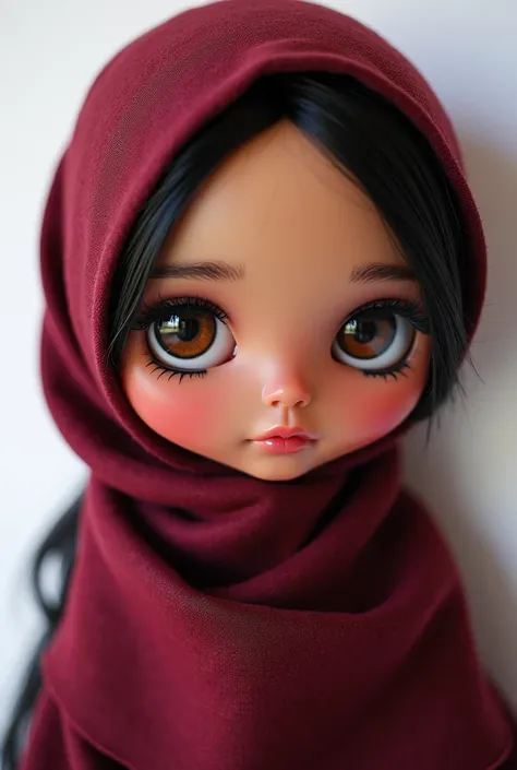 blythe doll with dark brown eyes, reddish lips, pink cheeks, black eyebrows, and with wine red hijab, with slightly tanned skin, and almond eyes (plain white background) (hair is fully covered with diagonal pose) 