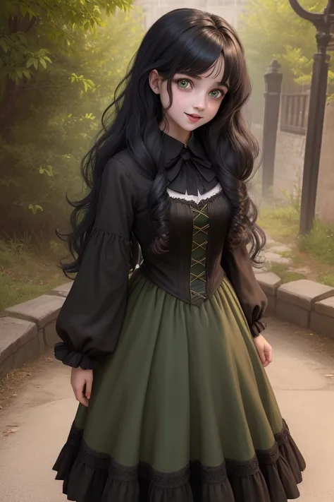 Beautiful girl, similar to Hermione Granger, Hyperactive, Black hair, green eyes, a little crazy, happy, 8K, sexy witch dress, adolescence