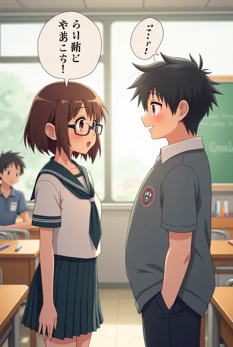 A short-haired girl wearing glasses in a school uniform talking to a chubby guy in a classroom, Japanese anime, making a happy face.
